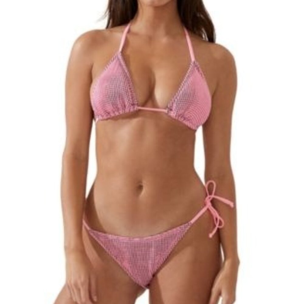 Cotton On Women's Textured Tie Side Bikini Bottoms – Neon Crush/Black Crinkle